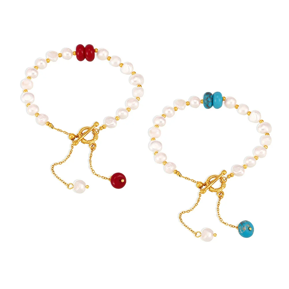 Women's Freshwater Pearl And Titanium Steel Bracelet With Geometric Pattern Natural Stone Pendant And Electroplating Ot Buckle And Tassel - Image 5