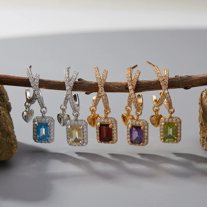 Women's Geometric Crystal And 925 Sterling Silver Ear Studs Set With Gems