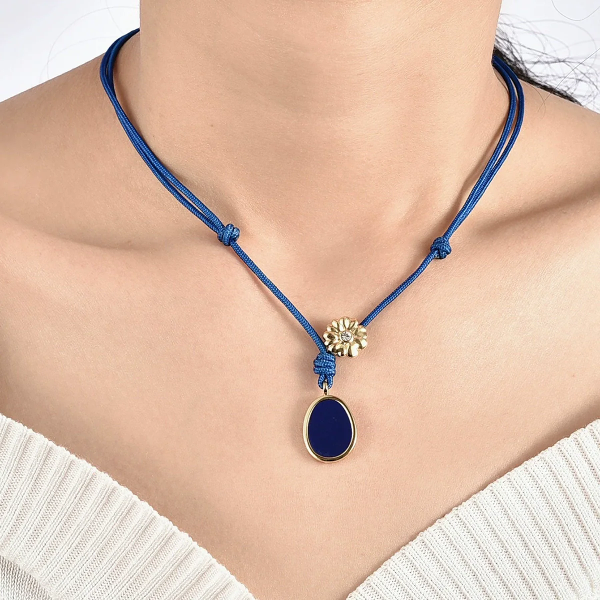 Women's Geometric Floral Handmade Copper Drop Pendant Necklace With Blue Rope Chain - Image 2