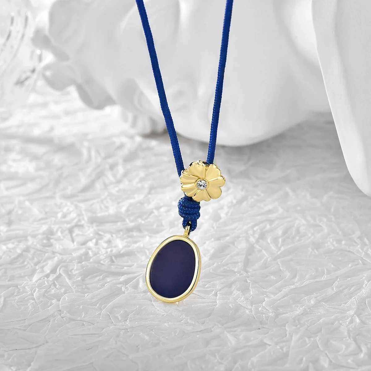 Women's Geometric Floral Handmade Copper Drop Pendant Necklace With Blue Rope Chain - Image 3