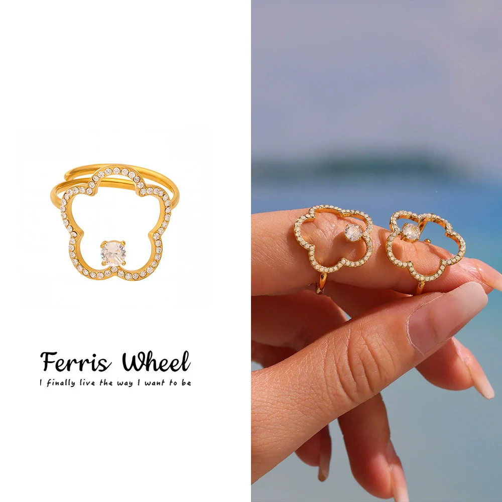 Women's Geometric Flower Pattern Stainless Steel Zircon Goldplated Fashion Ring