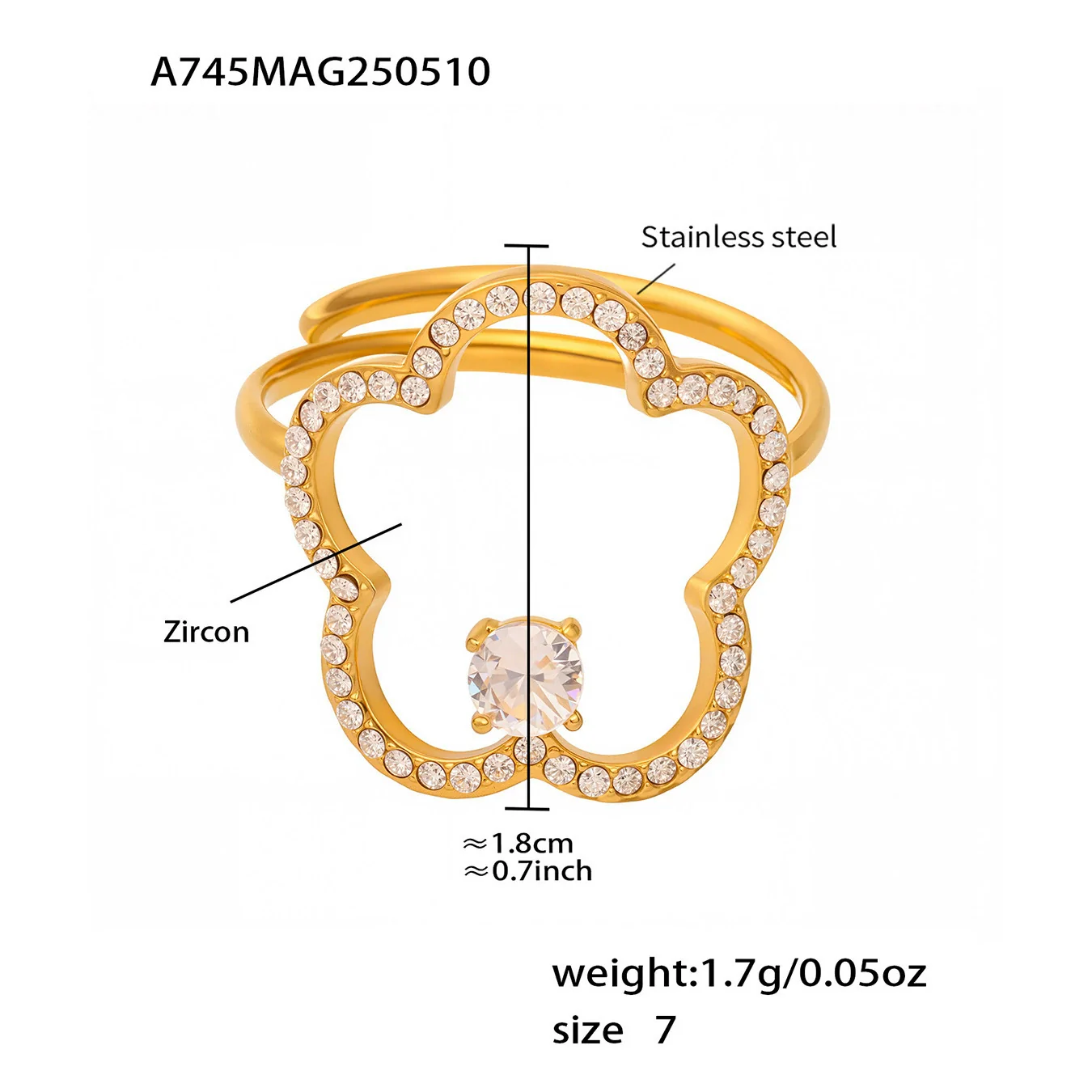Women's Geometric Flower Pattern Stainless Steel Zircon Goldplated Fashion Ring - Image 5