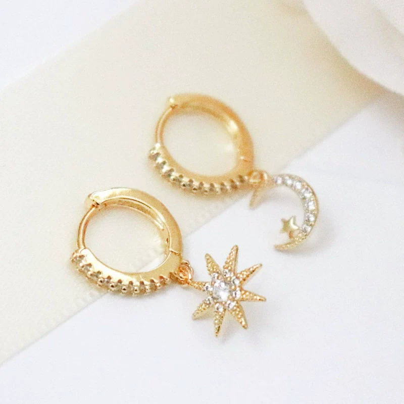 Women's Geometric Silver Needle And Copper Ear Stud Earrings With Inlaid Zircon Star And Moon Design - Image 3