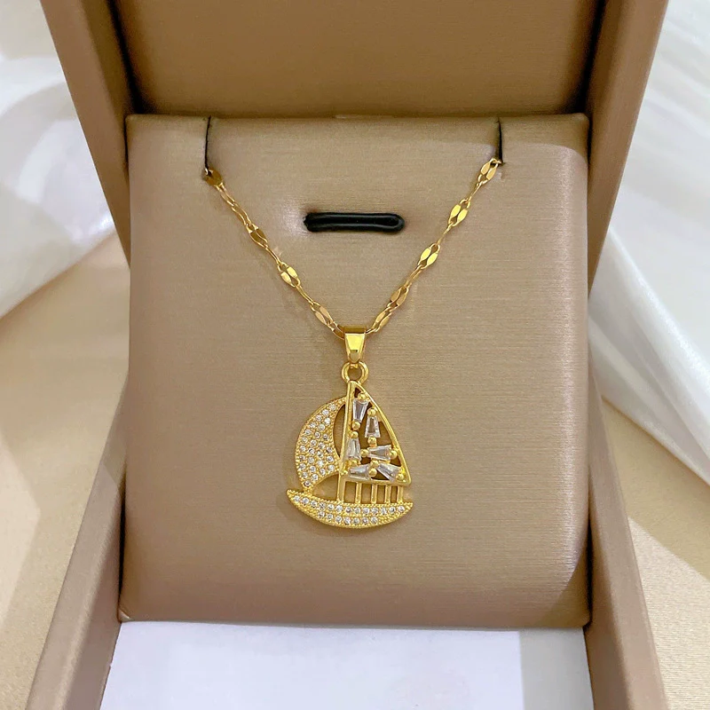 Women's Geometric Style Stainless Steel And Copper Sailboat Necklace With Electroplating