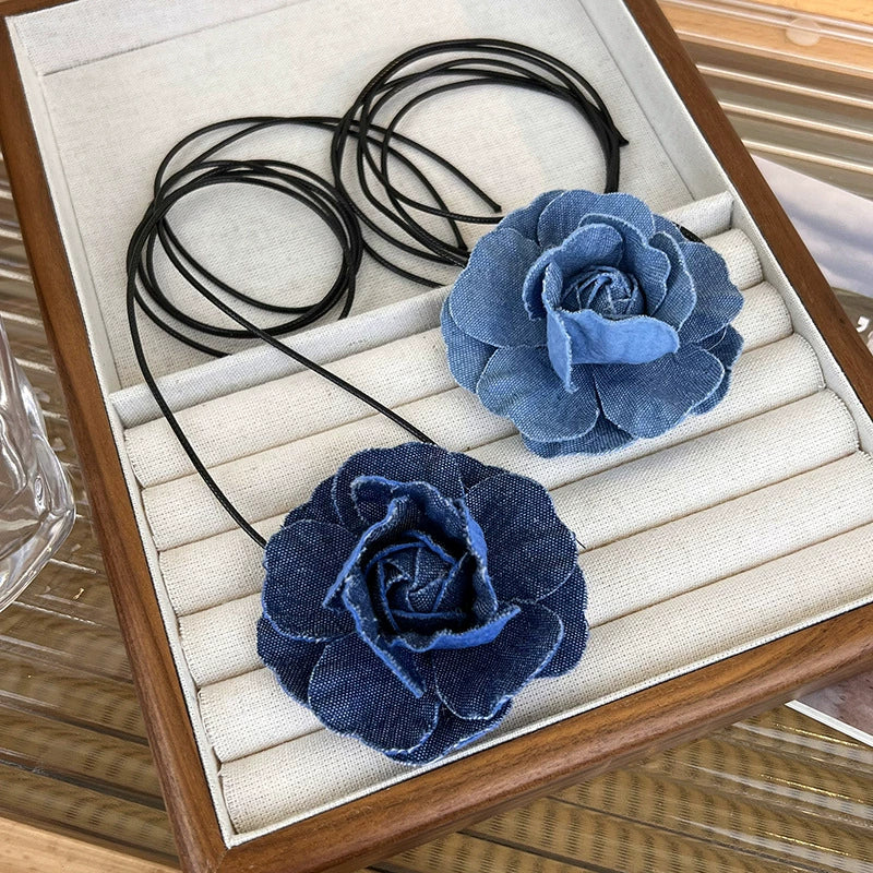 Women's Handmade Denim Flower Necklace Choker Clavicle Chain - Image 3