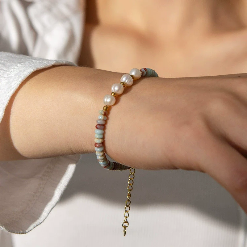 Women's Handmade Geometric Beaded Pearl Stainless Steel Bracelet - Image 3
