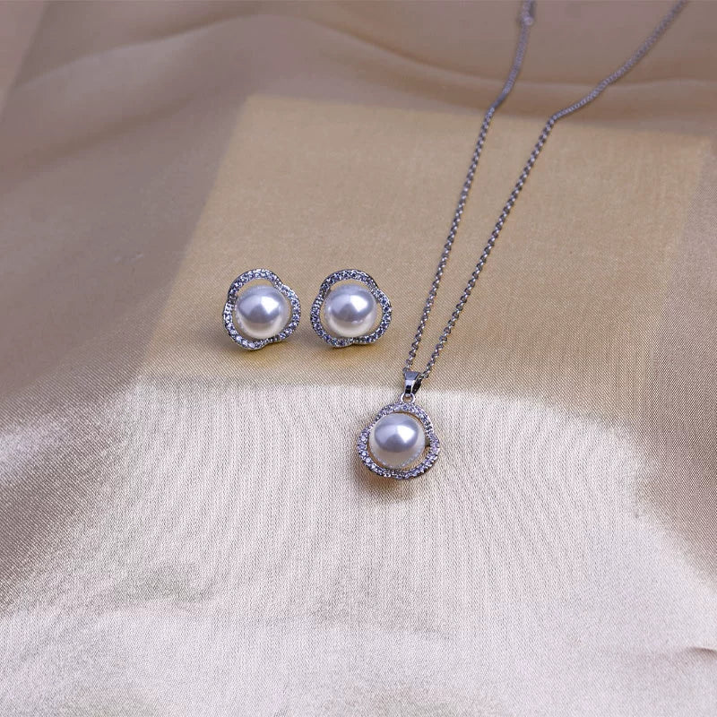 Women's Jewelry Pearl Gemstone Diamond Pendant Necklace Earring Set Titanium Steel Flower Pattern Simple Highend Electroplated - Image 2
