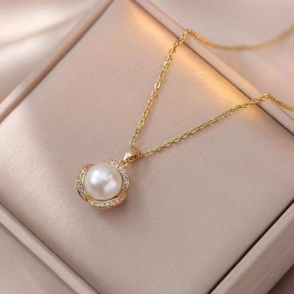 Women's Jewelry Pearl Gemstone Diamond Pendant Necklace Earring Set Titanium Steel Flower Pattern Simple Highend Electroplated - Image 3