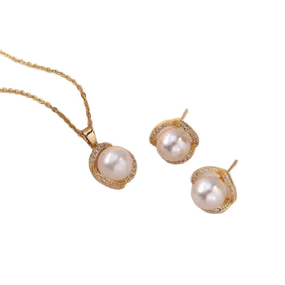 Women's Jewelry Pearl Gemstone Diamond Pendant Necklace Earring Set Titanium Steel Flower Pattern Simple Highend Electroplated - Image 5