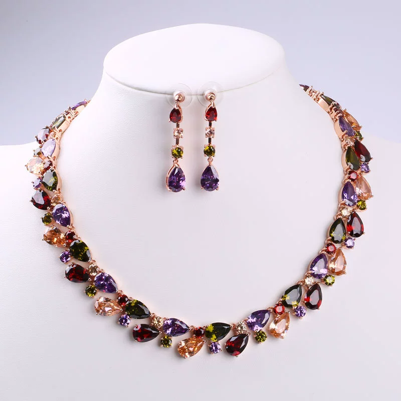 Women's Jewelry Set Zircon Plant Flowers Glass Design Necklace Earrings