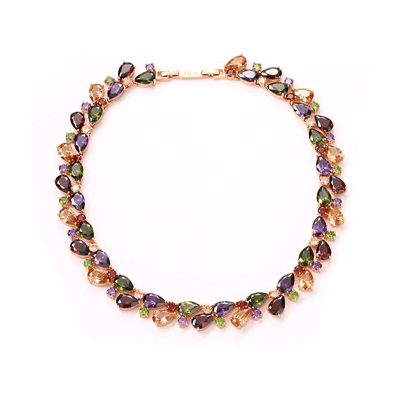 Women's Jewelry Set Zircon Plant Flowers Glass Design Necklace Earrings - Image 2