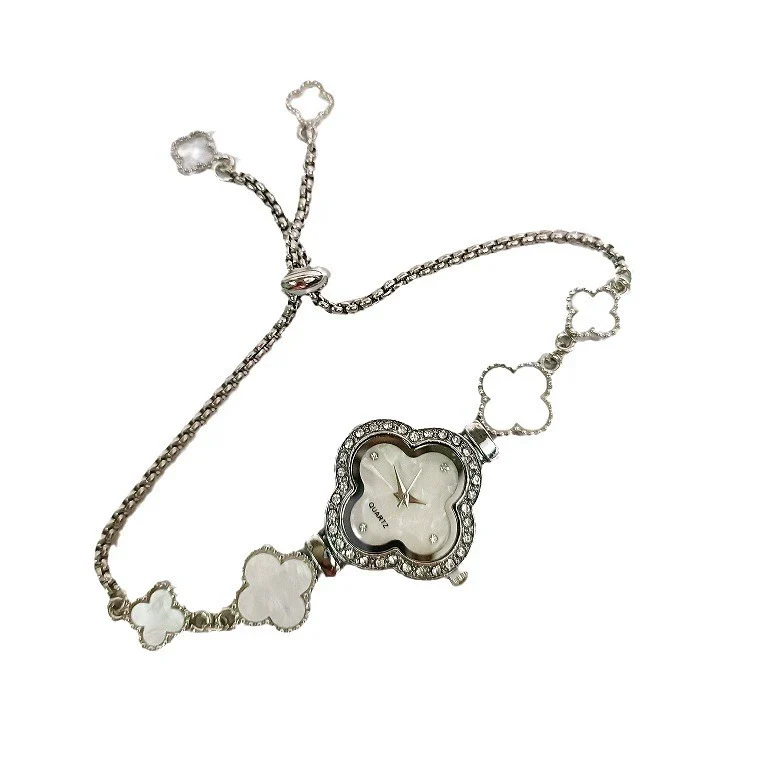 Women's Leisure Alloy And Stainless Steel Fourleaf Clover Flower Shape Diamondencrusted Quartz Bracelet Watch - Image 5