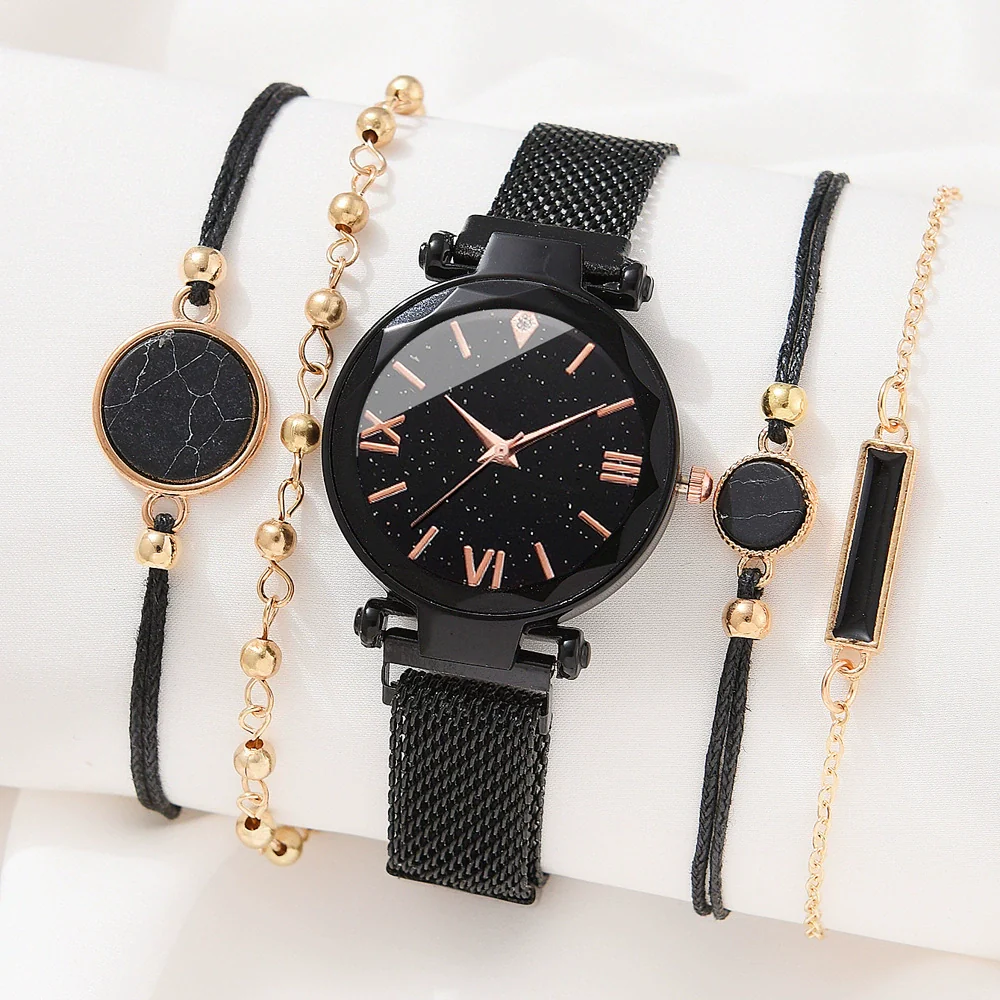 Women's Leisure Alloy Band Round Dial Starry Sky Roman Face Watch Set - Image 5