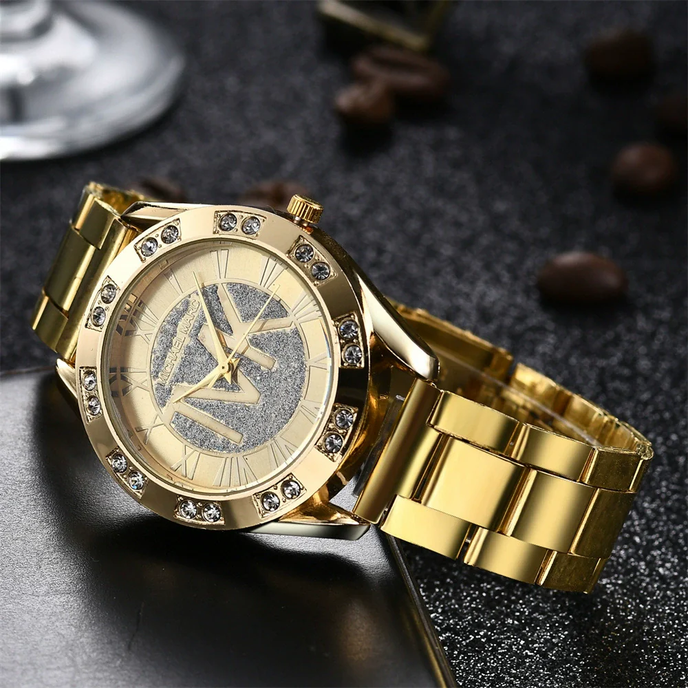 Women's Leisure Diamond Quartz Watch Alloy Case Stainless Steel Strap Round Dial