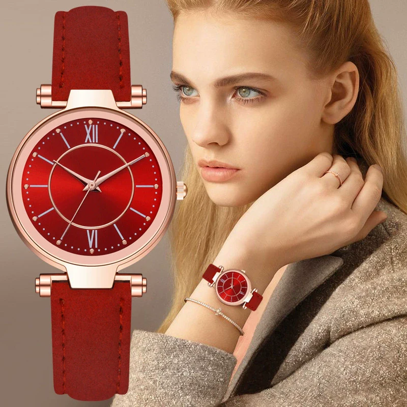 Women's Leisure Fashion Watch With Roman Sun Wheel Dial Mineral Strengthened Glass Mirror Genuine Leather Strap Rose Gold Clasp And Round Shape