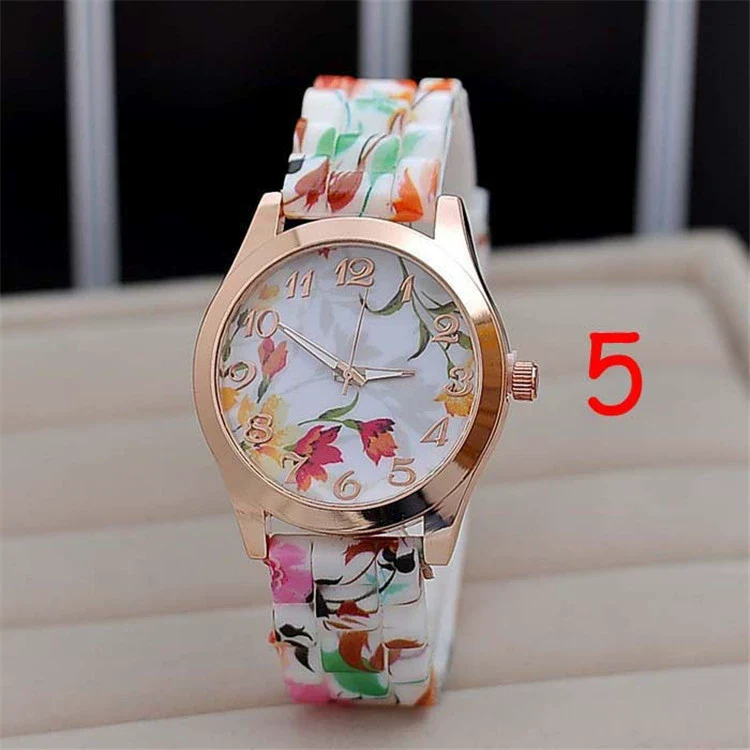 Women's Leisure Quartz Watch With Color Flowered Silicone Band Zinc Alloy Case Stainless Steel Horseshoe Buckle And Round Dial - Image 10