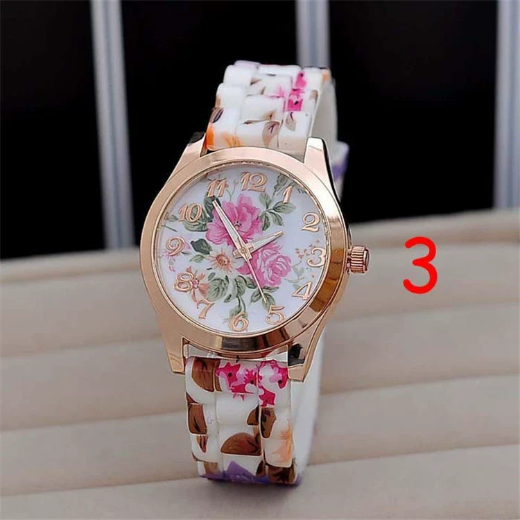 Women's Leisure Quartz Watch With Color Flowered Silicone Band Zinc Alloy Case Stainless Steel Horseshoe Buckle And Round Dial - Image 2