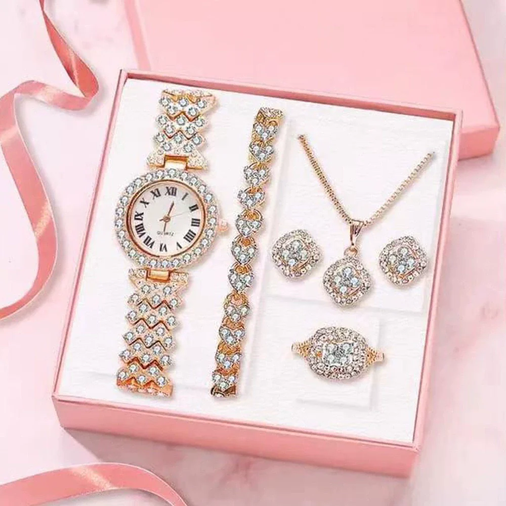 Women's Luxury Quartz Wrist Watch Alloy Material Round Dial Embedded With Diamond Fivepiece Gift Box Leisure Style - Image 3