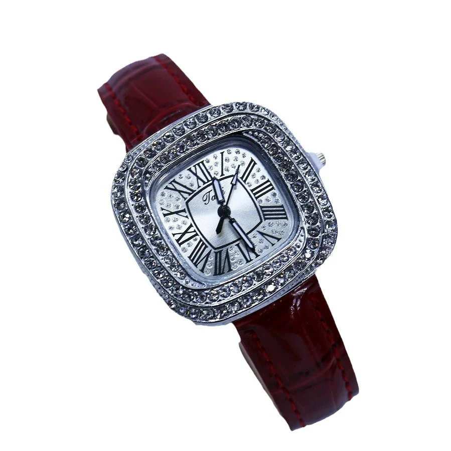Women's Luxury Square Alloy Case Pu Strap Diamondembedded Watch With Roman Dial - Image 5