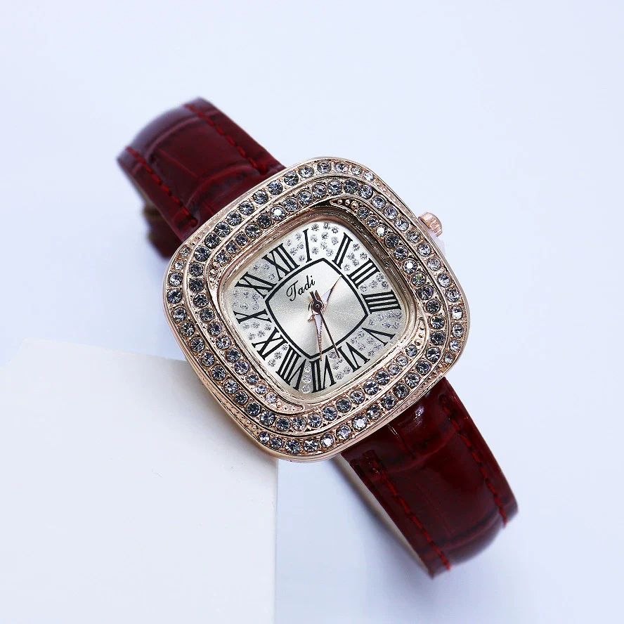 Women's Luxury Square Alloy Case Pu Strap Diamondembedded Watch With Roman Dial - Image 8