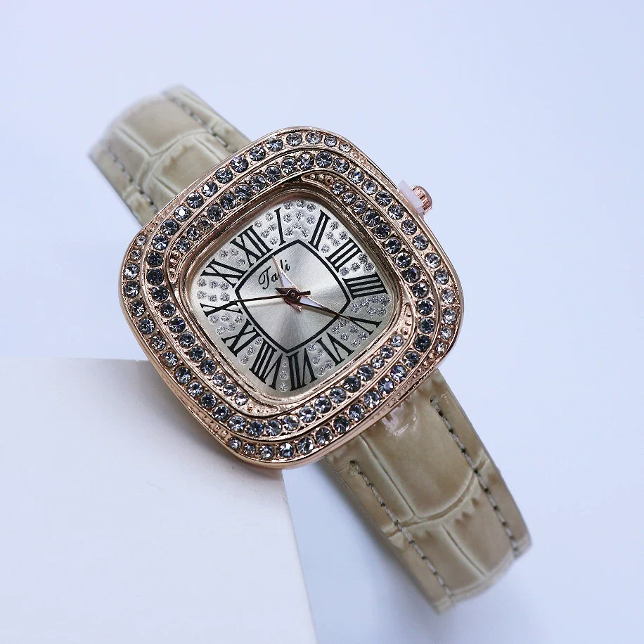 Women's Luxury Square Alloy Case Pu Strap Diamondembedded Watch With Roman Dial - Image 9