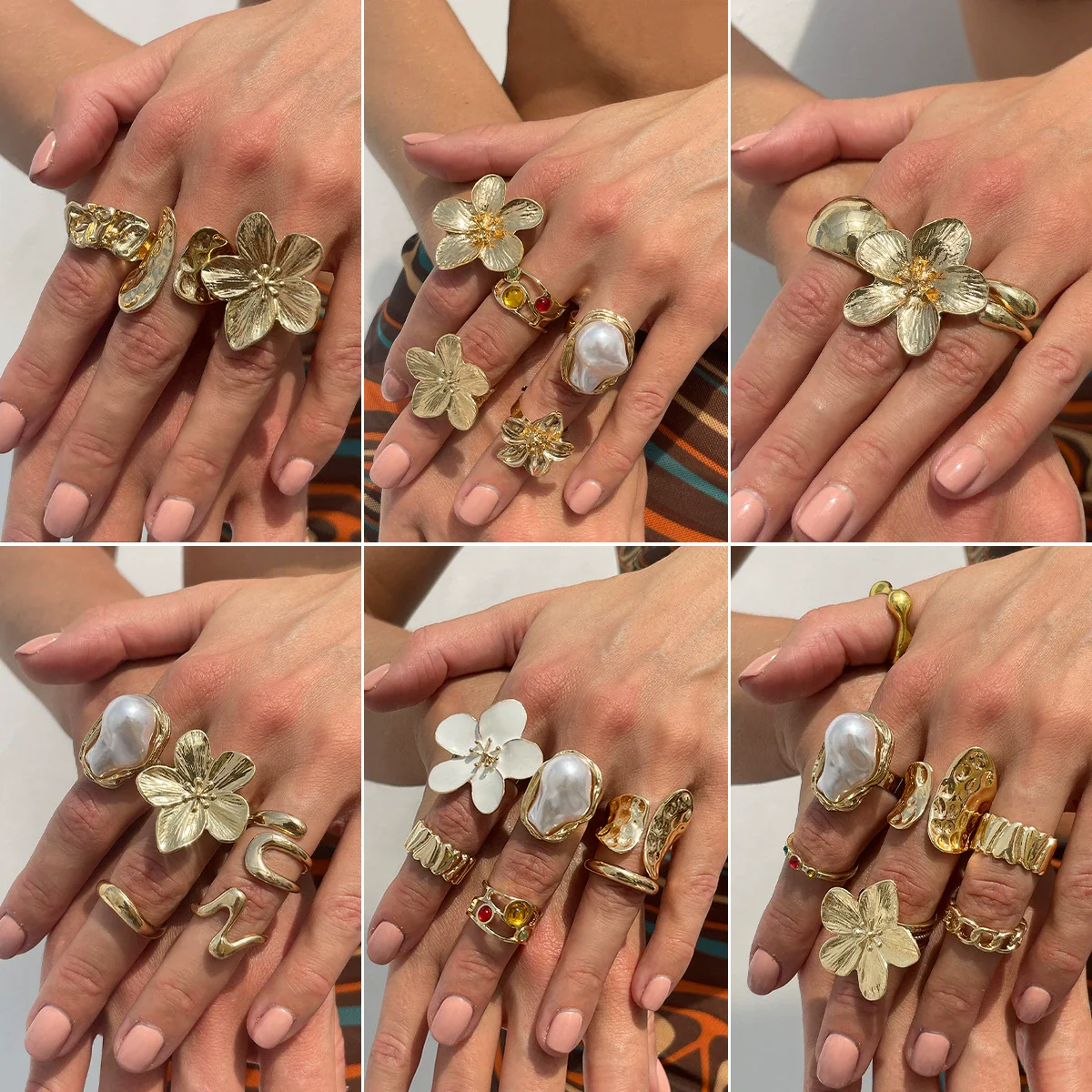 Women's Metal Baroque Style Geometric And Flower Pattern Electroplated Ring With Imitation Pearl And Gemstone - Image 2