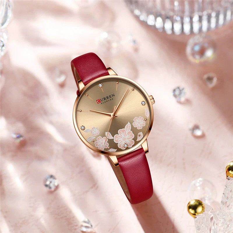 Women's Metal Case Imitation Leather Strap Round Dial Printed Rhinestone Casual Watch - Image 2