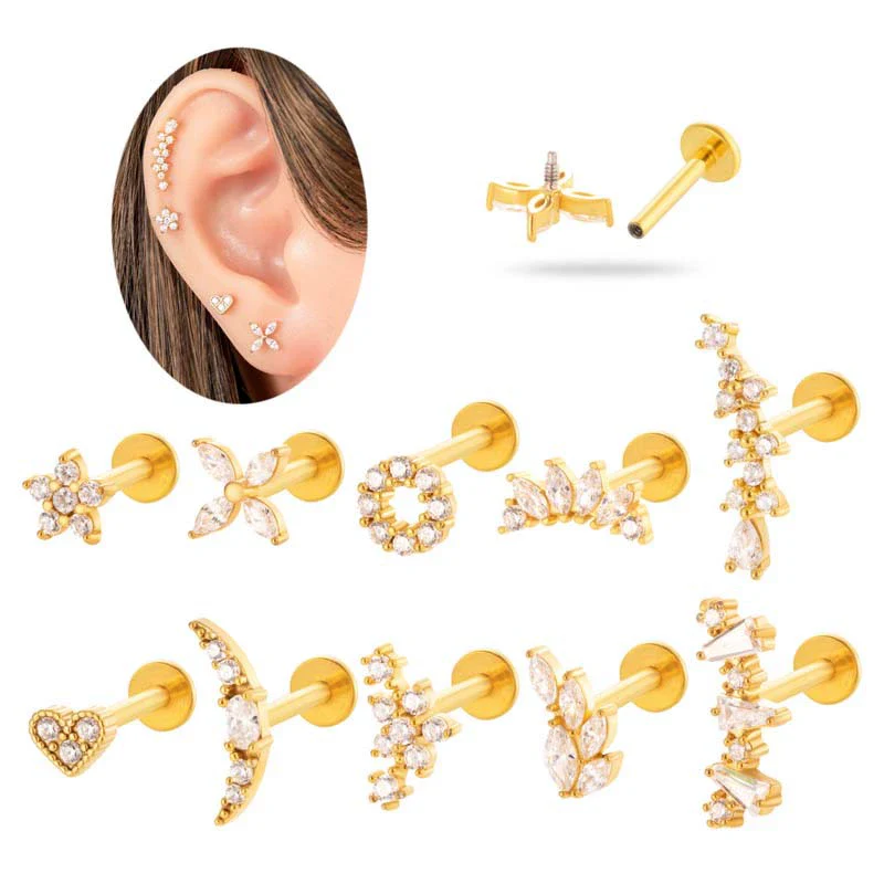 Women's Metal Love Flower Ear Bone Nail Puncture Jewelry Stainless Steel Copper Zircon Electroplating
