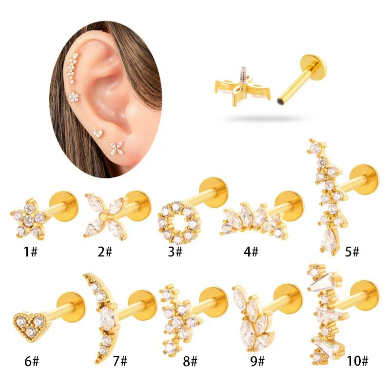 Women's Metal Love Flower Ear Bone Nail Puncture Jewelry Stainless Steel Copper Zircon Electroplating - Image 2