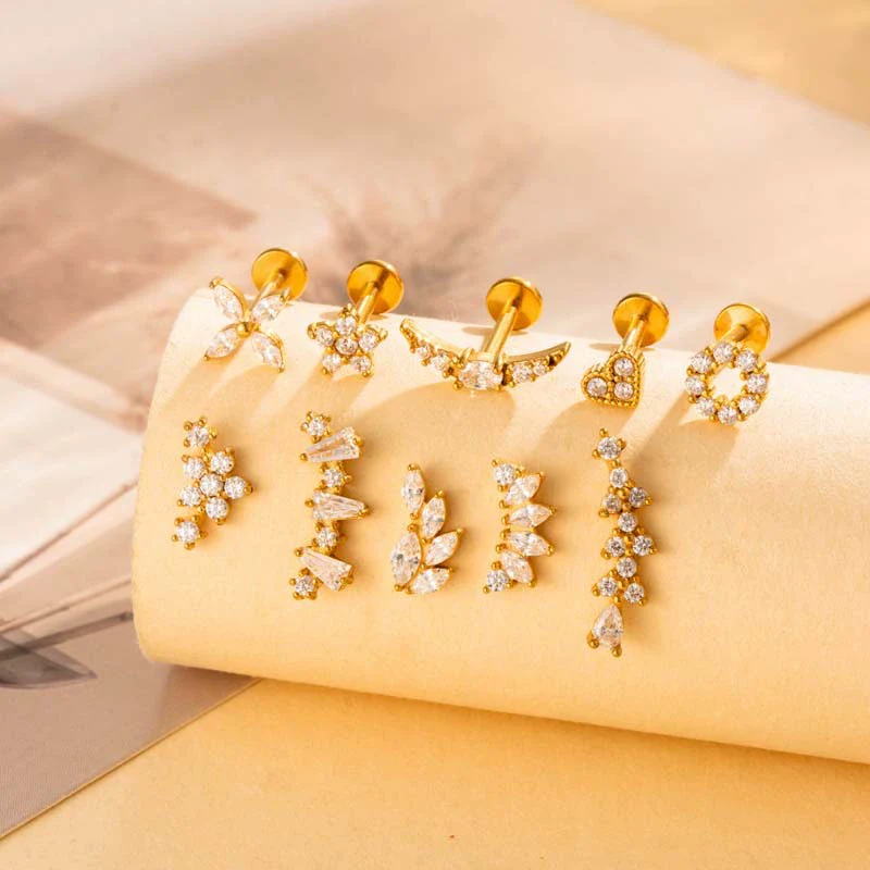 Women's Metal Love Flower Ear Bone Nail Puncture Jewelry Stainless Steel Copper Zircon Electroplating - Image 3