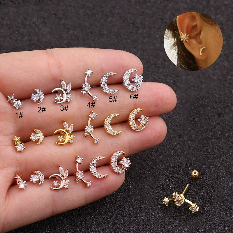 Women's Metal Star Pattern Inlaid Zircon Mini Ear Puncture Earrings