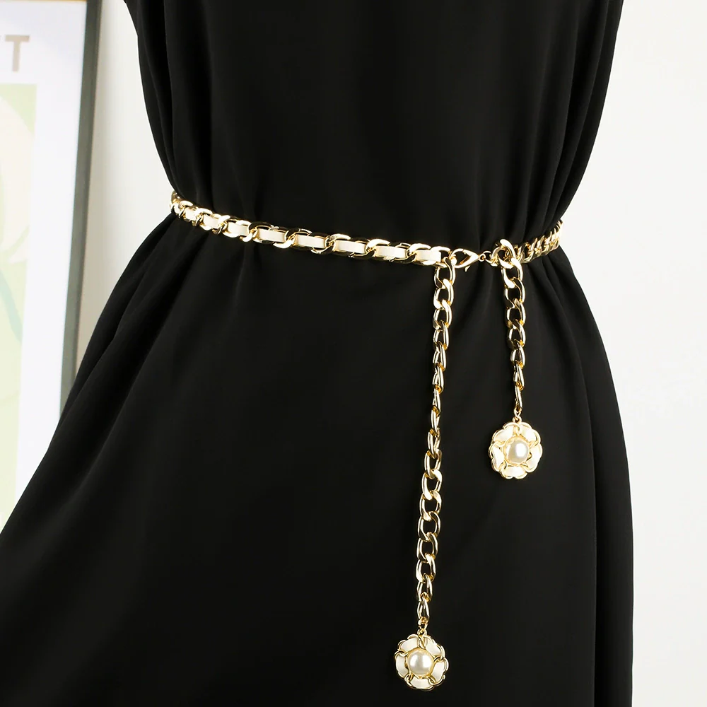 Women's Metal Waist Chain With Camellia Design Woven Style