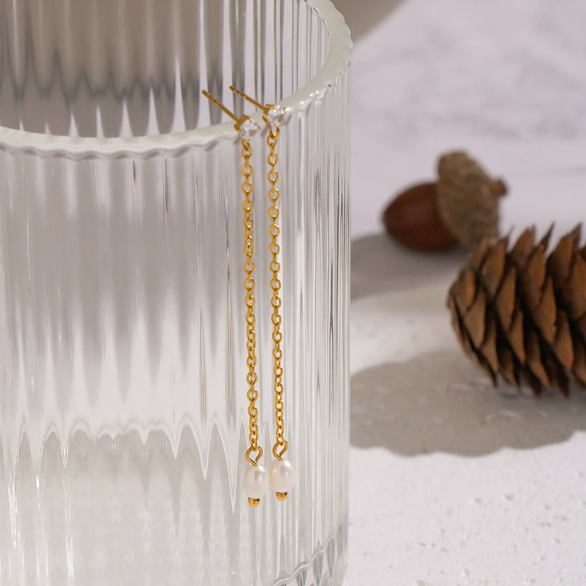 Women's Minimalist Casual Geometric Stainless Steel Freshwater Pearl Earrings With Chain Tassels Pvd Furnace Vacuum Real Gold Plated - Image 3