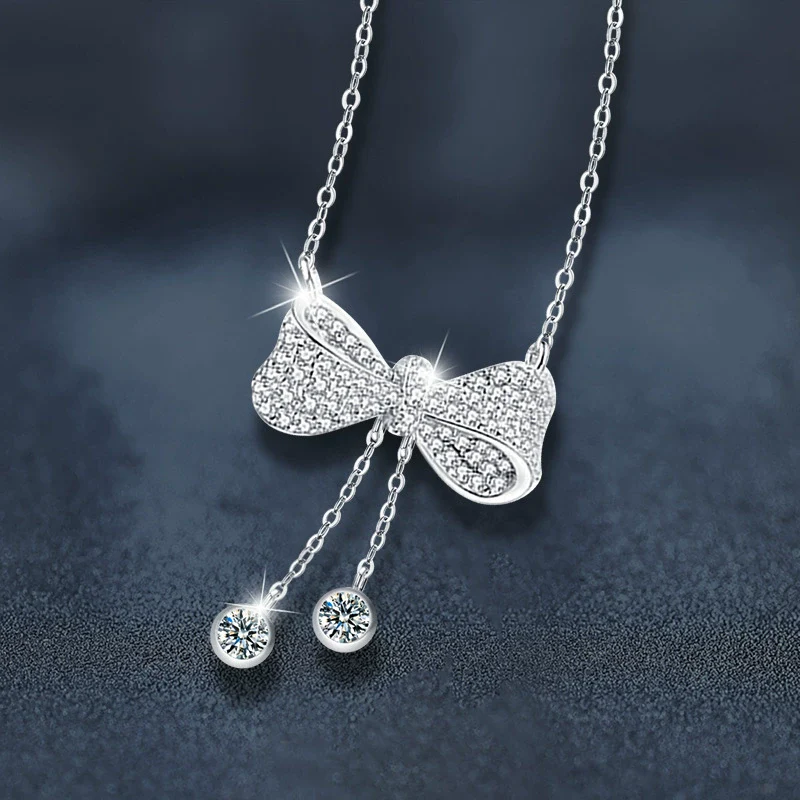 Women's Moissanite 925 Silver Bow Tassel Pendant Cross Chain Highend Electroplated Necklace - Image 2