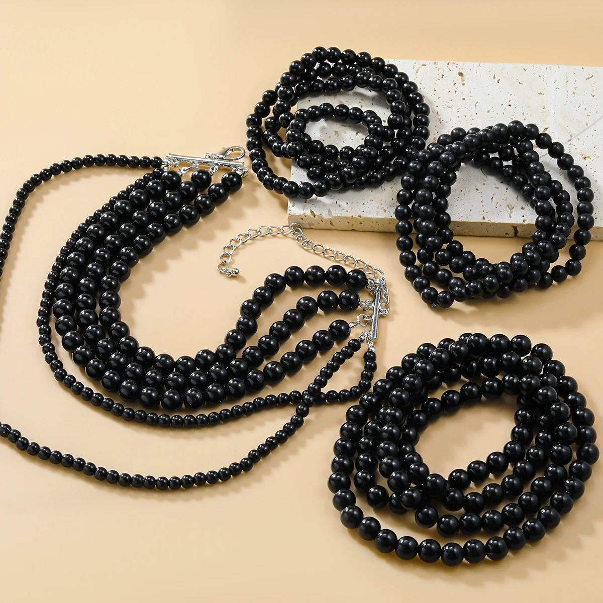 Women's Multilayer Imitation Pearl Necklace Fourpiece Set Resin Geometric Pearl Inlaid Snake Bone Chain Autumn And Winter Accessory - Image 3