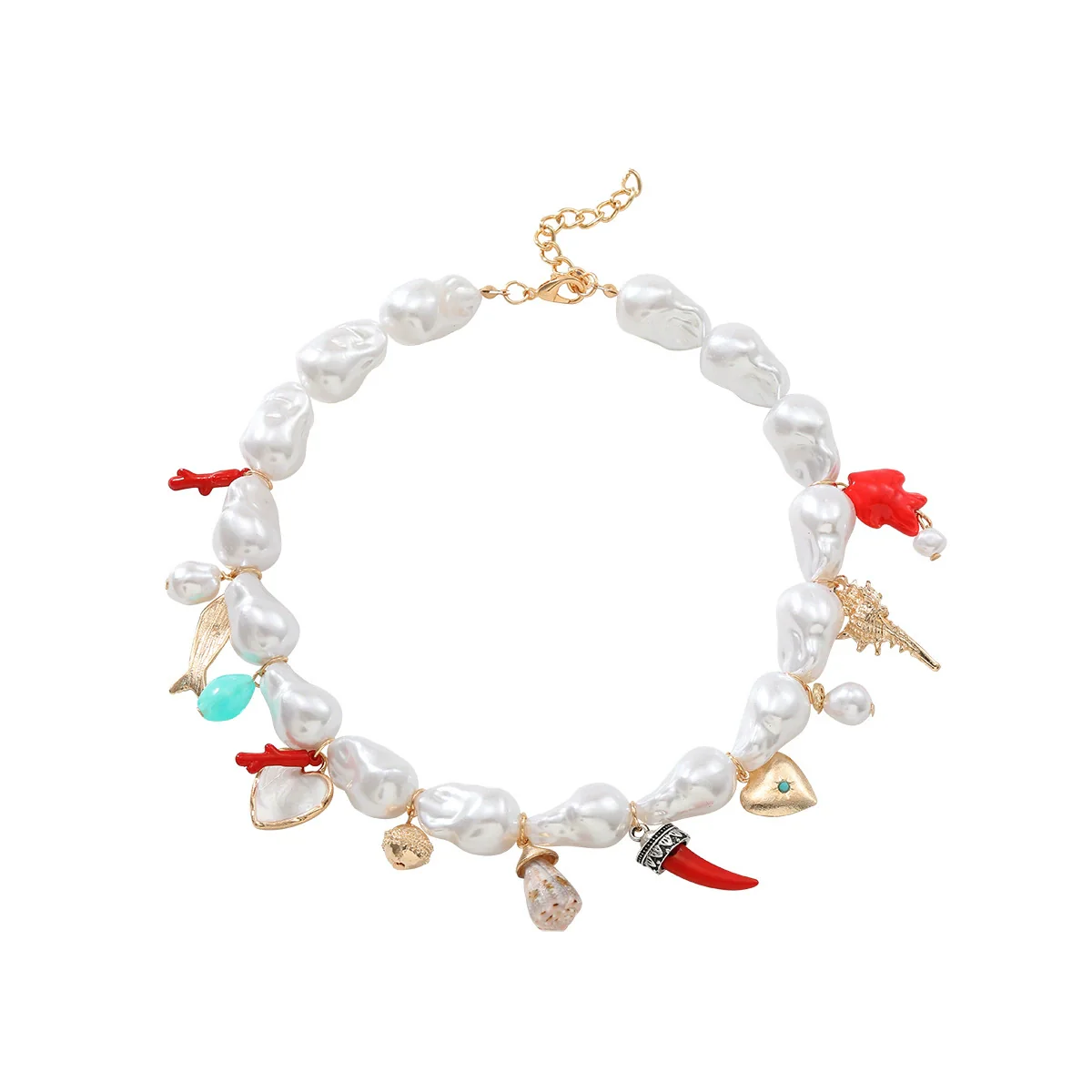 Women's Multilayer Retro Necklace With Imitation Pearls Alloy Heart And Fish Pendant Handmade In Geometric Animal Zodiac Style - Image 5