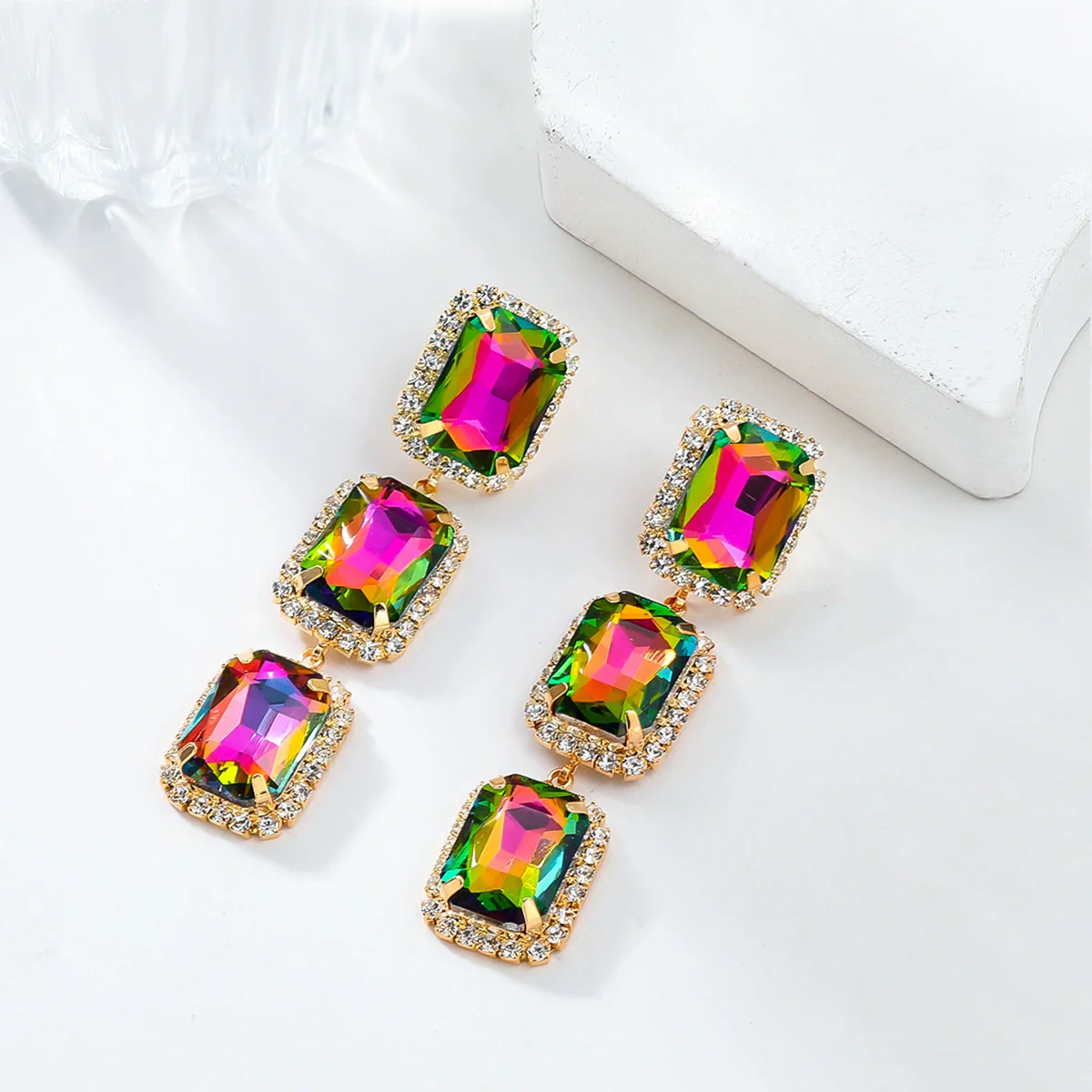 Women's Multilayer Square Alloy Glass Diamond Exaggerated Geometric Earrings - Image 2