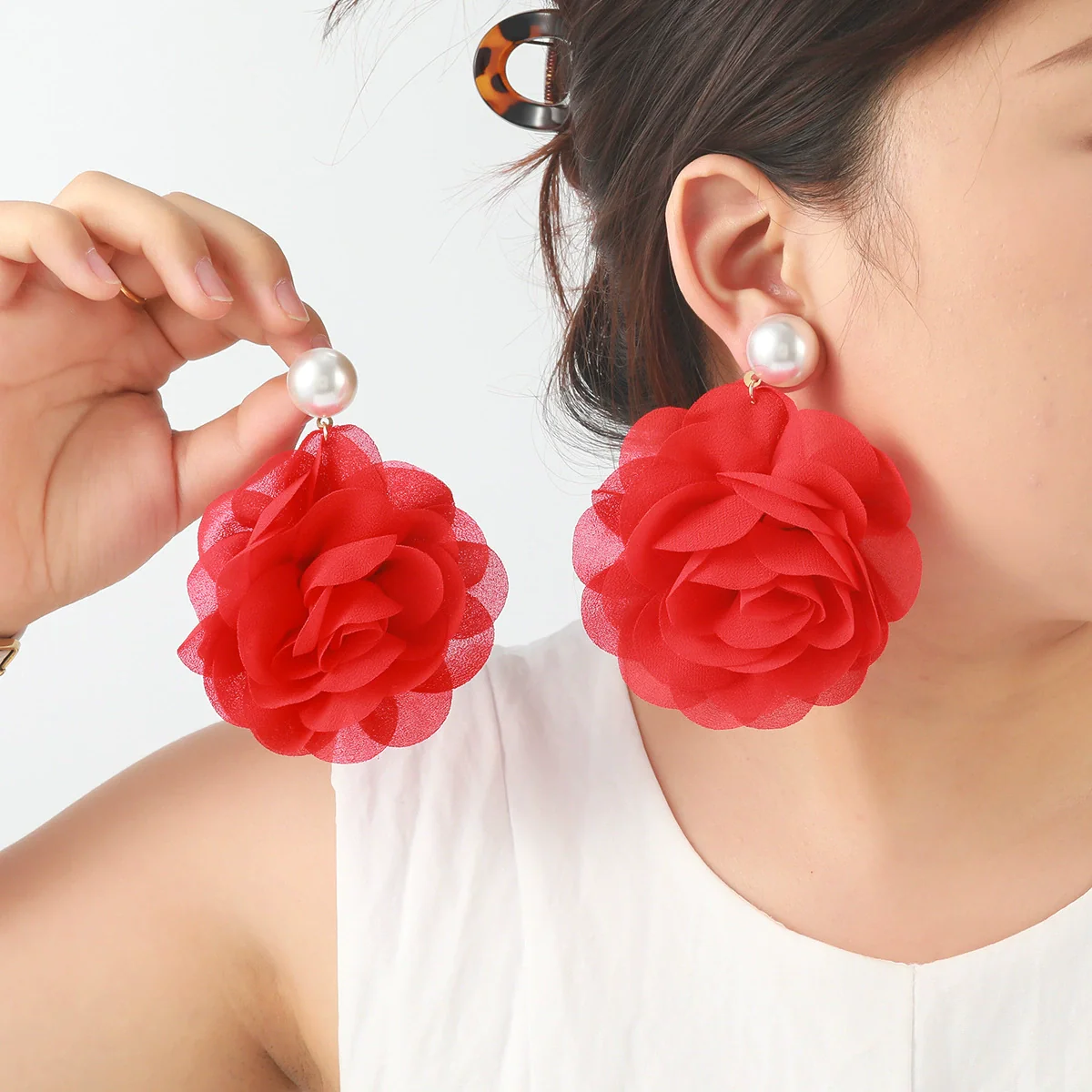 Women's Multilayered Threedimensional Chiffon Earrings Plastic Resin Flower Hand Knitted Chic Style - Image 2
