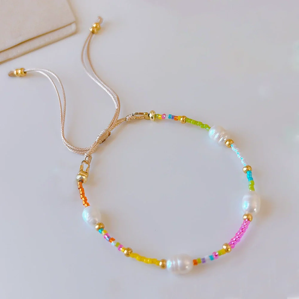 Women's Natural Bohemian Metal Freshwater Pearl And Miyuki Rice Beads Handwoven Geometric Bracelet