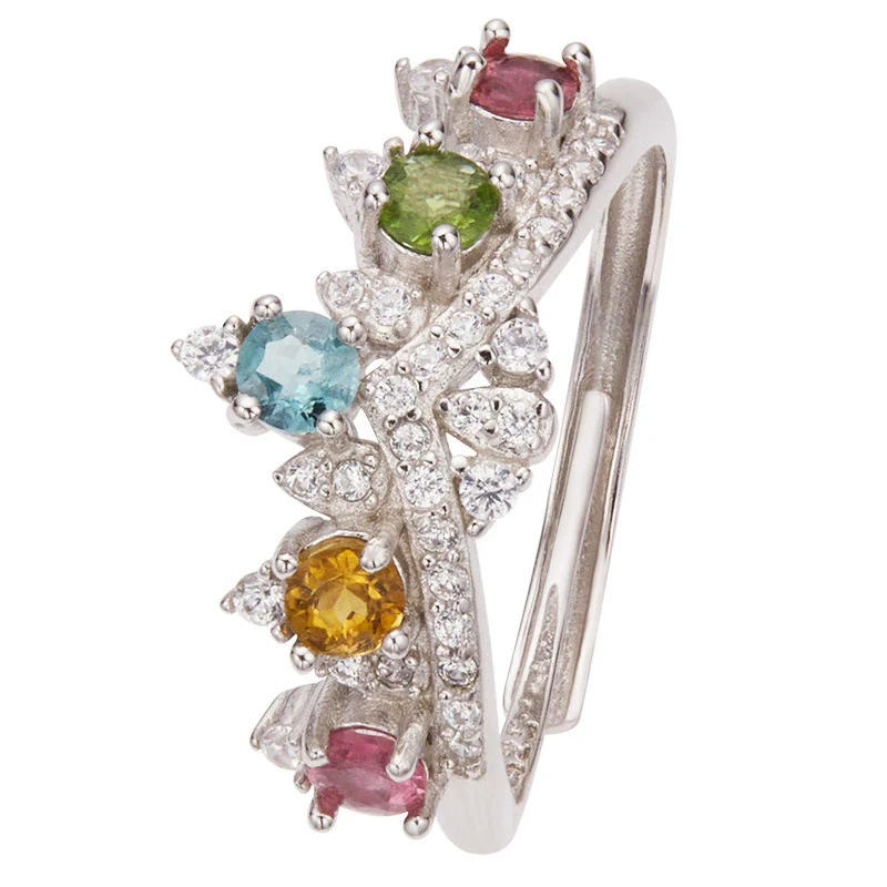 Women's Natural Colored Tourmaline Ring S925 Sterling Silver Crown Style Set With Gems - Image 5