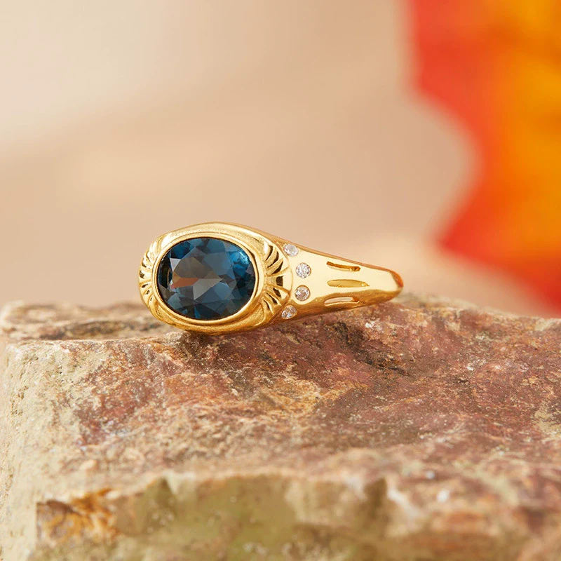 Women's Natural Gemstone London Blue Topaz Ring S925 Sterling Silver Geometric Style Set With Gemstones - Image 4