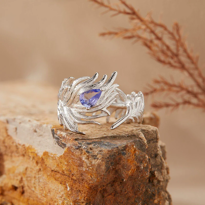 Women's Natural Tanzanite Topaz Garnet Gemstone Ring S925 Sterling Silver Feather Style Set With Gems - Image 3