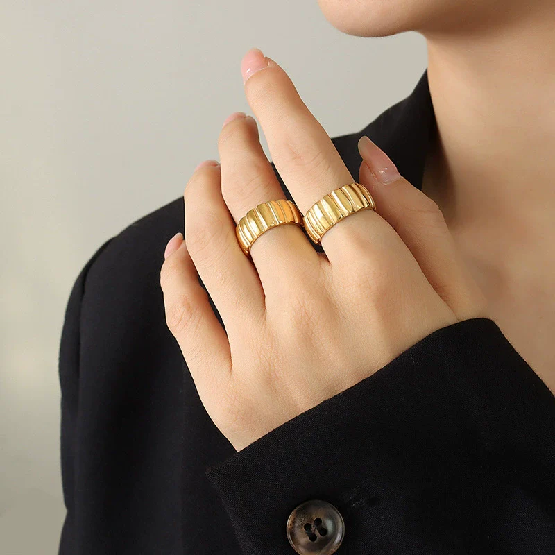 Women's Open Ring 316L Stainless Steel Geometric Striped 18K Gold Electroplated - Image 4