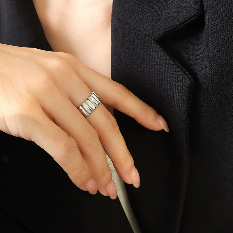 Women's Open Ring 316L Stainless Steel Geometric Striped 18K Gold Electroplated - Image 6