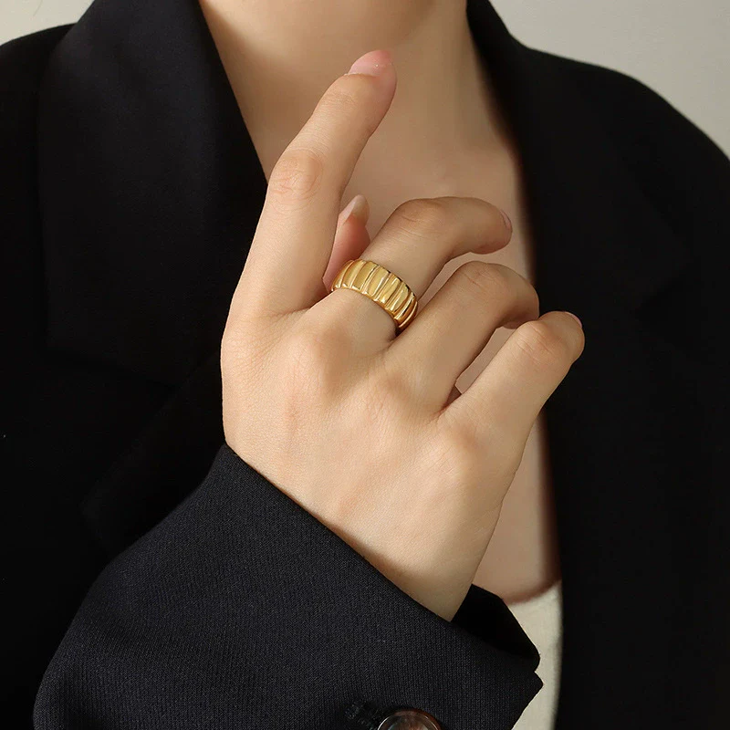 Women's Open Ring 316L Stainless Steel Geometric Striped 18K Gold Electroplated - Image 7