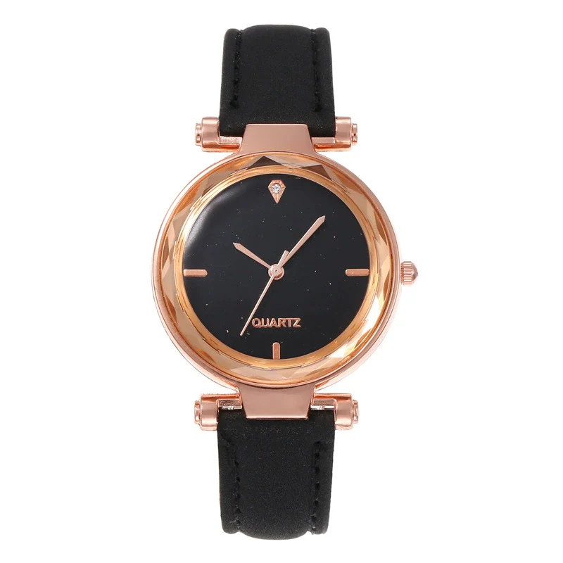 Women's Plastic Case Imitation Leather Belt Round Dial Quartz Watch With Frosted Belt And Silver Powder Diamond Design - Image 4