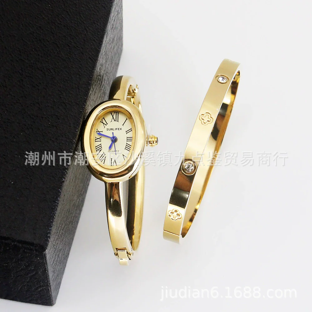 Women's Quartz Bracelet Watch Set With Stainless Steel Strap And Buckle Oval Dial Medieval Style - Image 10