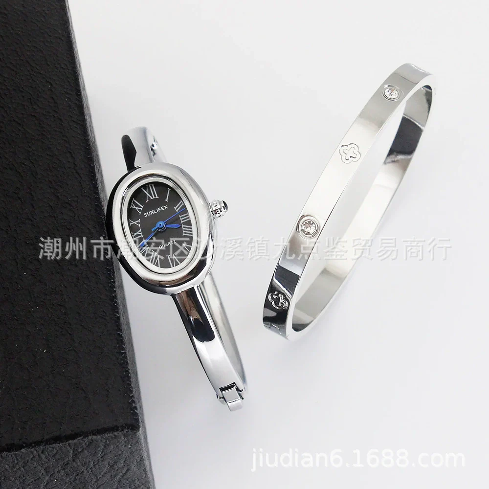 Women's Quartz Bracelet Watch Set With Stainless Steel Strap And Buckle Oval Dial Medieval Style - Image 12