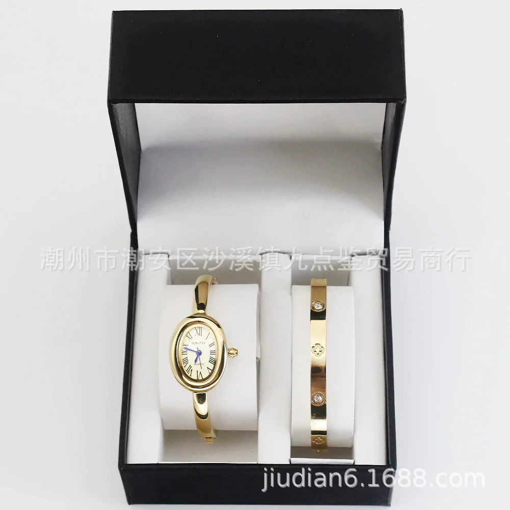 Women's Quartz Bracelet Watch Set With Stainless Steel Strap And Buckle Oval Dial Medieval Style - Image 2