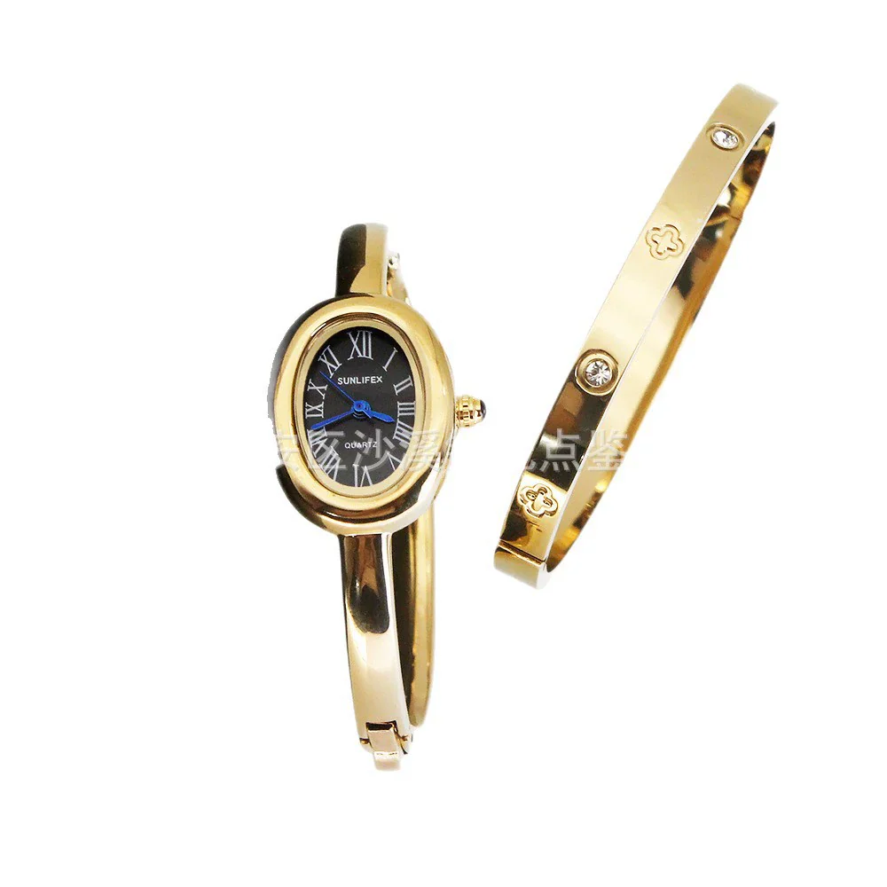 Women's Quartz Bracelet Watch Set With Stainless Steel Strap And Buckle Oval Dial Medieval Style - Image 5